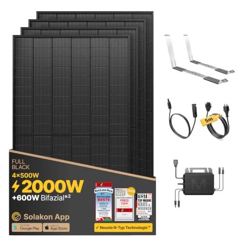 Solakon Balkonkraftwerk 2000W komplett Steckdose - Inklusive Halterung - Balkonkraftwerk 2000 Watt neuester Wechselrichter 800W - Solaranlage Komplettset mit 4x 500W Solarpanel mit 5m Kabel