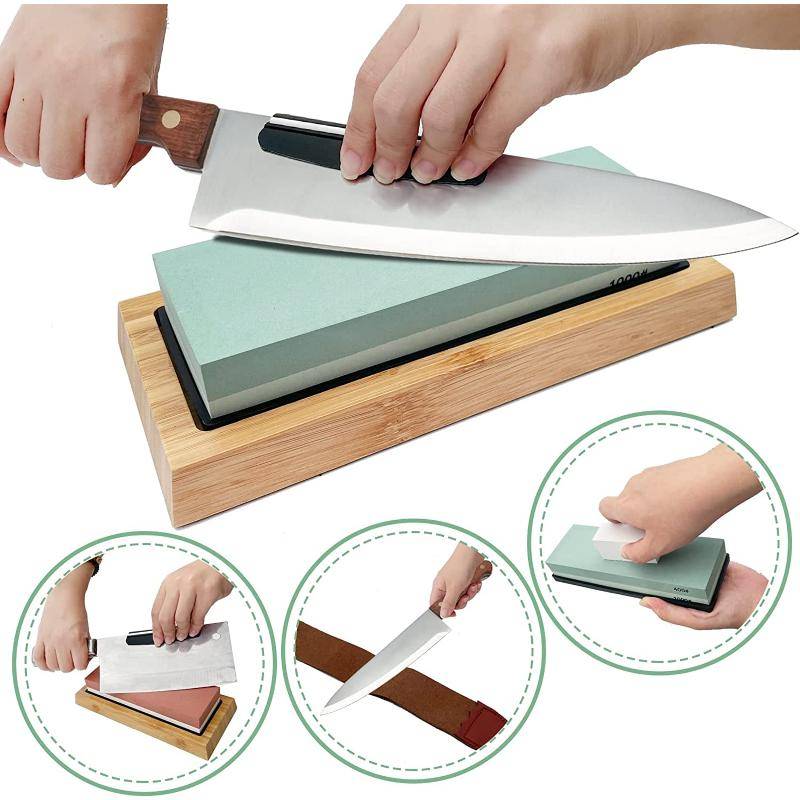9 STK knivslipsats, 4-sidiga korn Professionell slipsten Whetstone-400/1000 3000/8000 korn, tillplattande sten, vinkelguide, läderband black