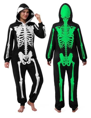 Spooktacular Creations Glow in the dark-overall, vuxna, dam, skelett- onesie, pyjamas, overall, halloweenkostym, bus eller godis, temafest, svart, S