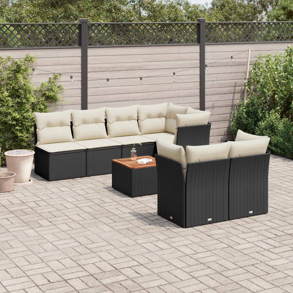 Sofasæt Til Haven 8 Dele Med Hynder Polyrattan - Sort og cremefarvet / bord 3x midterdel 2x hjørnedel