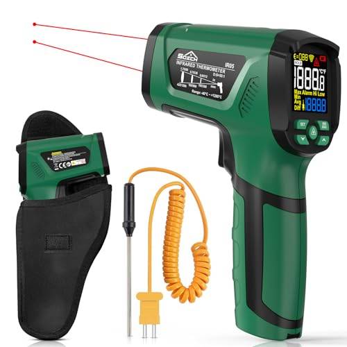 Infraröd Termometerpistol,SQECH Lasertermometerpistol -40℃～1200℃,50:1 Beröringsfri Högtemperaturtermometer med Termoelementsond, Bakgrundsbelysning i Färg, Justerbar Emissivitet, för Industri och Hem