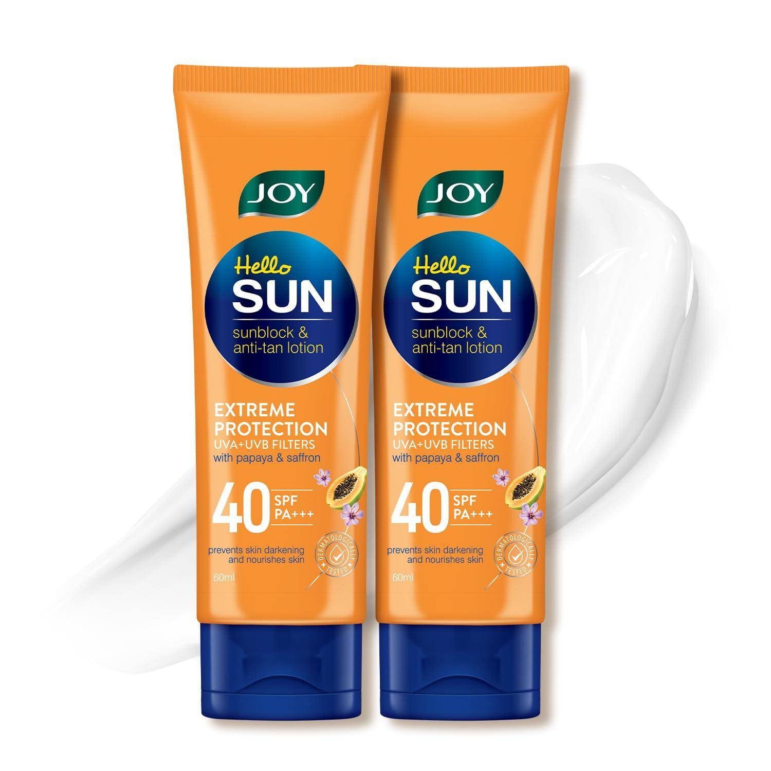 Joy Extreme Protection Anti Tan SPF 40 Face And Body Sunscreen 60ml x 2 Lightweight Water Resistant Zero White Cast For Normal And Oily Skin