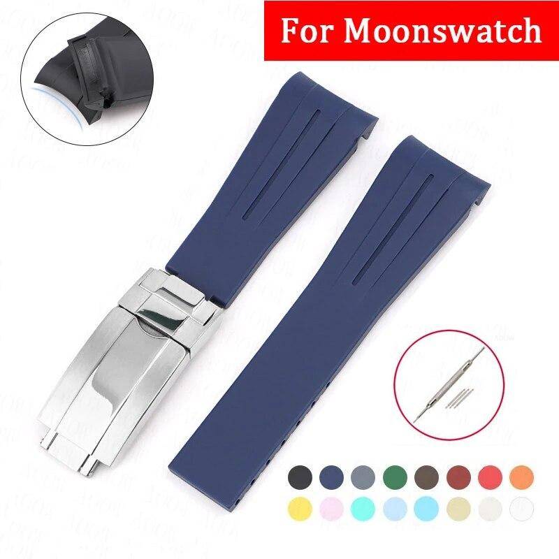 Gummi klockband passande för Omega x Swatch Moonswatch 20 mm fällbart spänne i rostfritt stål Herr Dam Böjt Ersätt band för Rolex blue