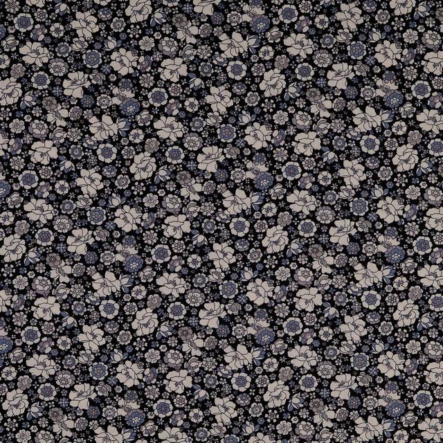 Bomulds poplin i sort med blomster i hvid, denim, lysegrå.