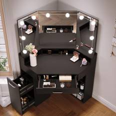 SONNI Stort sminkbord 110 cm med 3 färger LED-spegel, sminkbord med tredubbel spegel, stor låda, utdragsskåp och hyllor, toalettbord för sovrum, 110 x 54 x 141,5 cm, svart