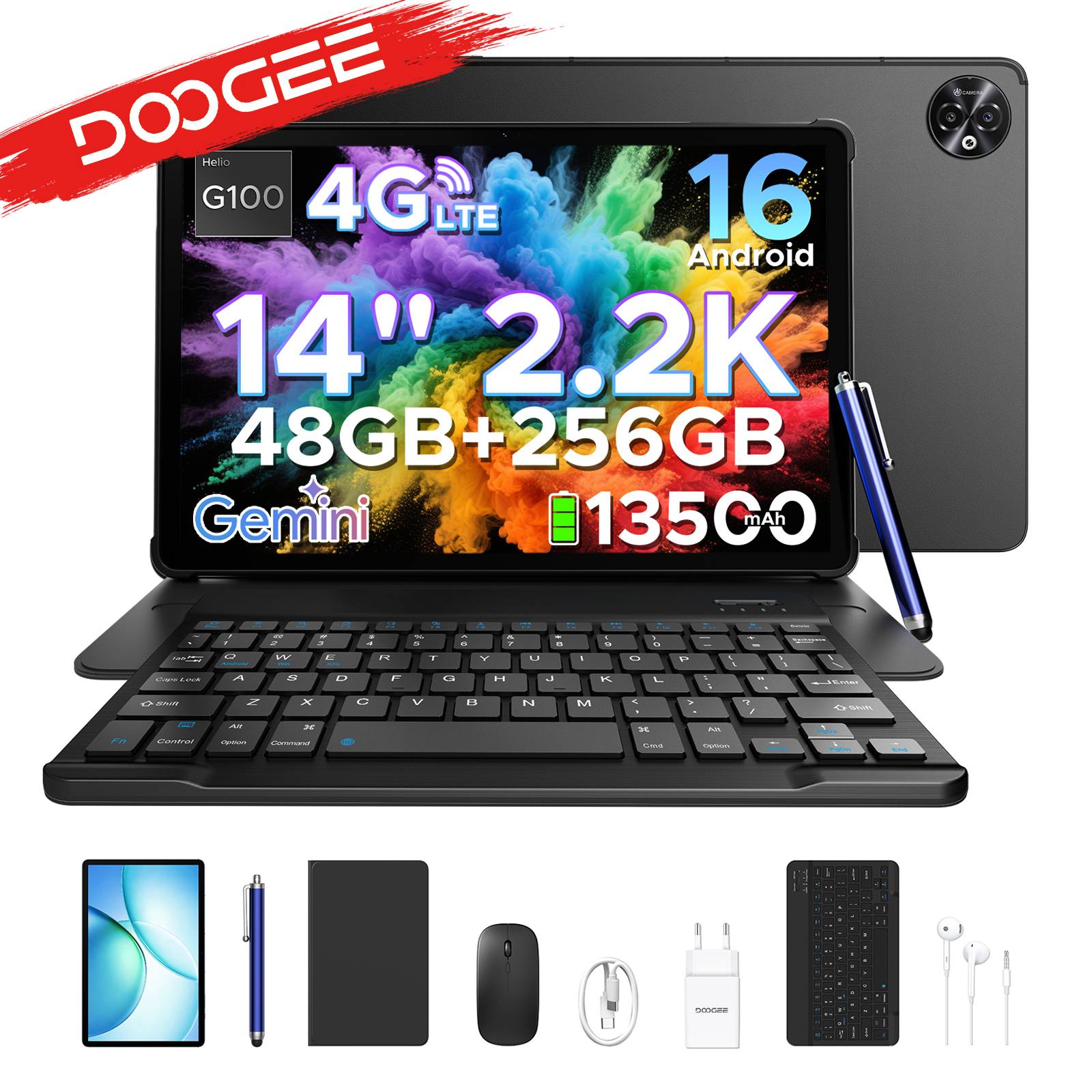 DOOGEE Tablet PC 2 in 1 Tab E3 Max Gmini AI 14 "screen 2.2K Battery mAh Android 16 48Go(8 + 40) 256 Go Helio G100 AI Tablet