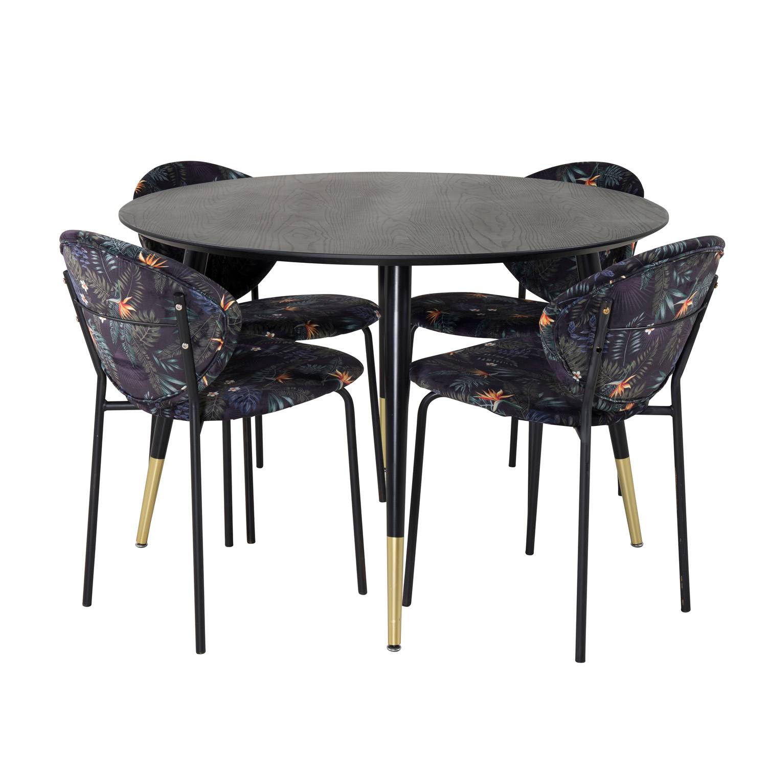 VENTURE DESIGN Dipp spisebordssæt, m. 4 stole - sort finer/messing sort metal, multi stof/sort metal