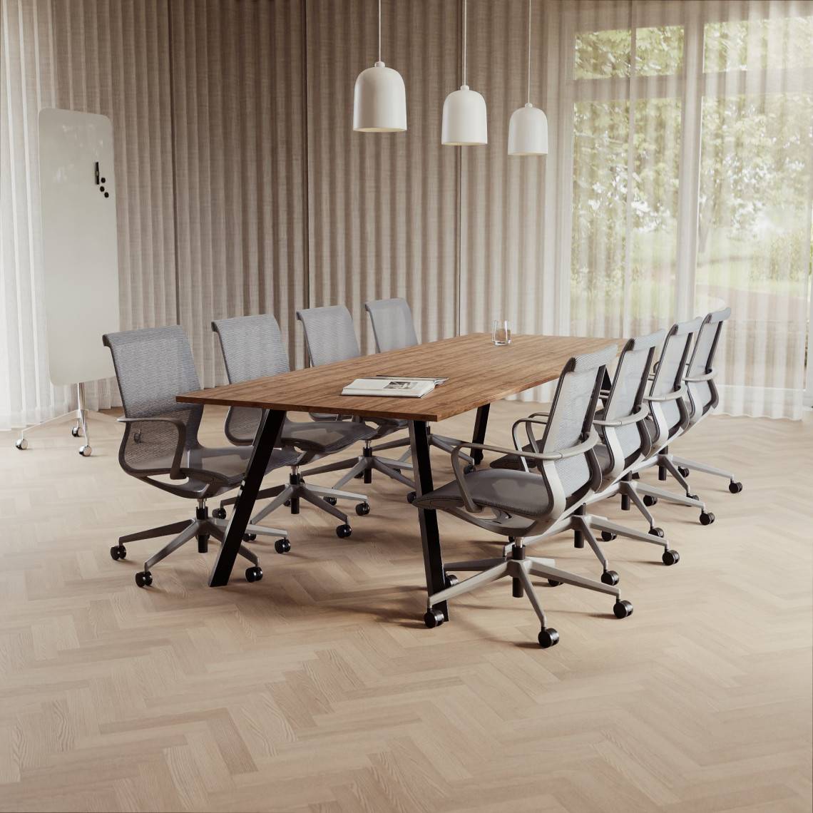 Konferensgrupp Viggo + Ergo 285, Storlek 8 platser (280 cm), Bordsskiva Valnöt, Underrede Svart, Stol Grå