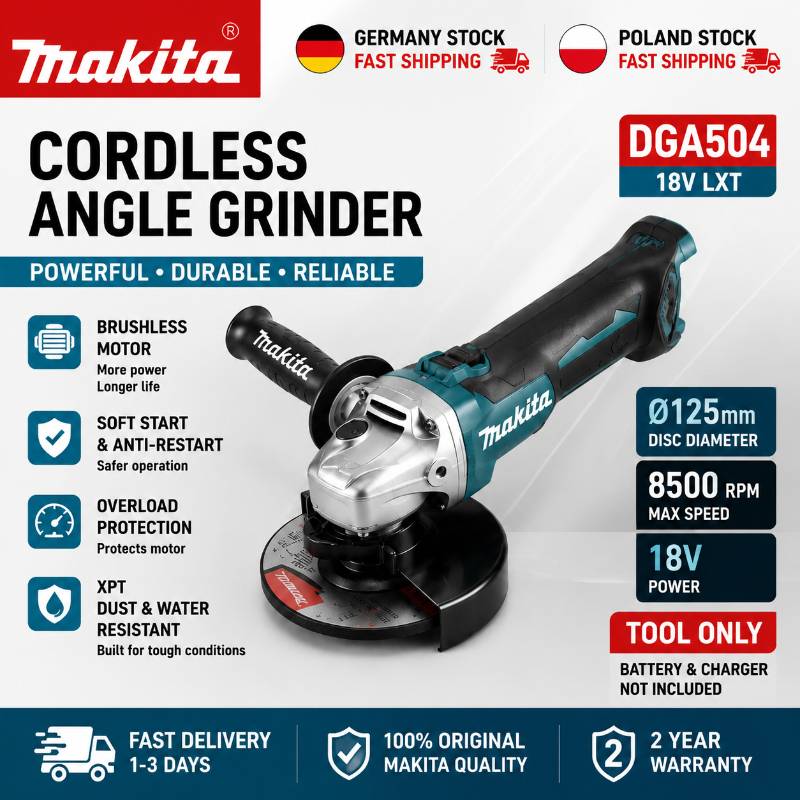 Original Makita DGA504 18V 125mm Brushless Cordless Angle Grinder Bare Tool LXT Li-ion Electric Grinder EU Local Stock Fast Shipping Compatible with BL1860B BL1850 BL1840 BL1830 Batteries