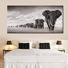 Väggkonstbilder tryckta svarta och vita elefanter afrikanska djur dukmålning affischer skandinavisk affisch vardagsrum 75 x 150 cm (30 x 59 tum) med ram