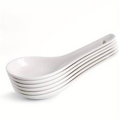 TEMU 6pcs Elegant White Ceramic Soup Spoons - Ideal For Pho, , Wonton, Ramen, Dumplings, Macaron - Dishwasher Safe, Long-handled Design, , Ramen Spoon