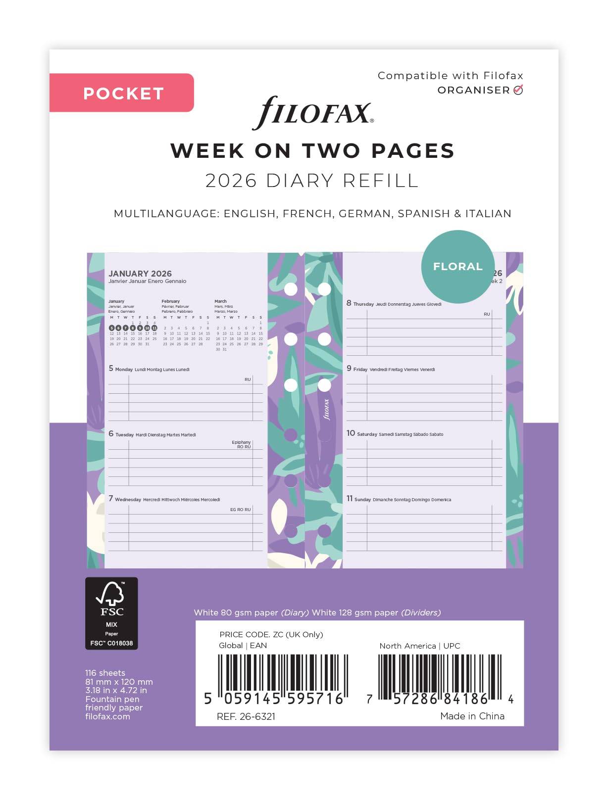 Filofax System Organizer Refill, 2026, January Start, Small Weekly Floral, 26-6321, Officially Imported