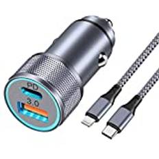 LUOSIKE iPhone Car Charger, 38W USB C Adapter with 2 Port and 1m Nylon Braided Lightning Cable, 12V/24V USB Jack for Cigarette Lighter with PD/QC, Compatible with iPhone 14/13/12/11/Pro/Max/Plus/SE