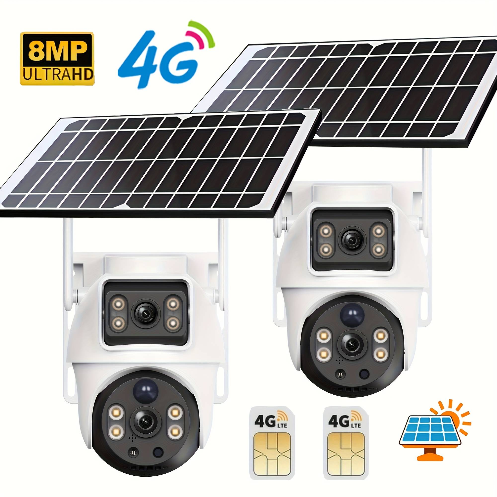 2pcs-8mp 4g Solar Security Camera [no Wifi Connection] With Dual Lens And Screen, 360° Ptz, Ai Humanoid Detection, Motion Tracking, Intelligent Alarm, Night Vision, Infrared, User , Audio, Long