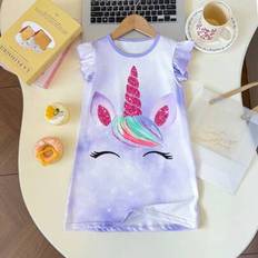 Chatreadl Girls 1 stycke set Söt moderiktig ljus tecknad enhörning kortärmad rund hals Nattlinne volanger ärm Gradient Print Mönster Sommar - Mauve Lila (6Y,7Y,4Y,5Y)