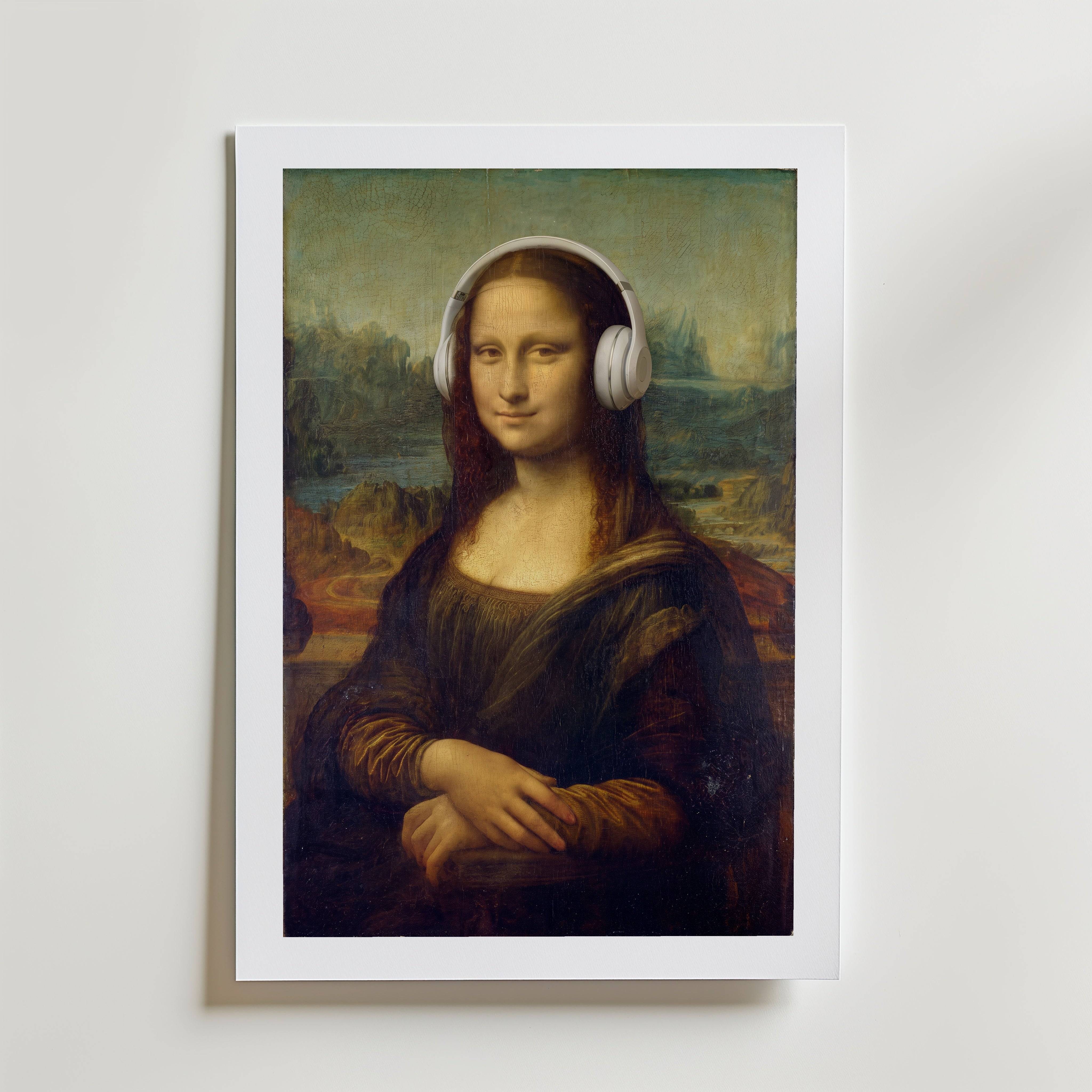 Mona Lisa Headphones Poster - Fine Art Poster 21x30 cm Med passepartout