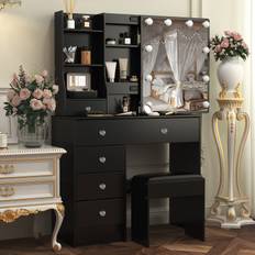 TEMU Makeup Vanity Desk With Mirror & Lights, Vanity Desk With 6 Drawers & Storage Shelves, Vanity Table, 3 Color & Adjustable Brightness Dressing Table, Bedroom (black Vanity With Stool)