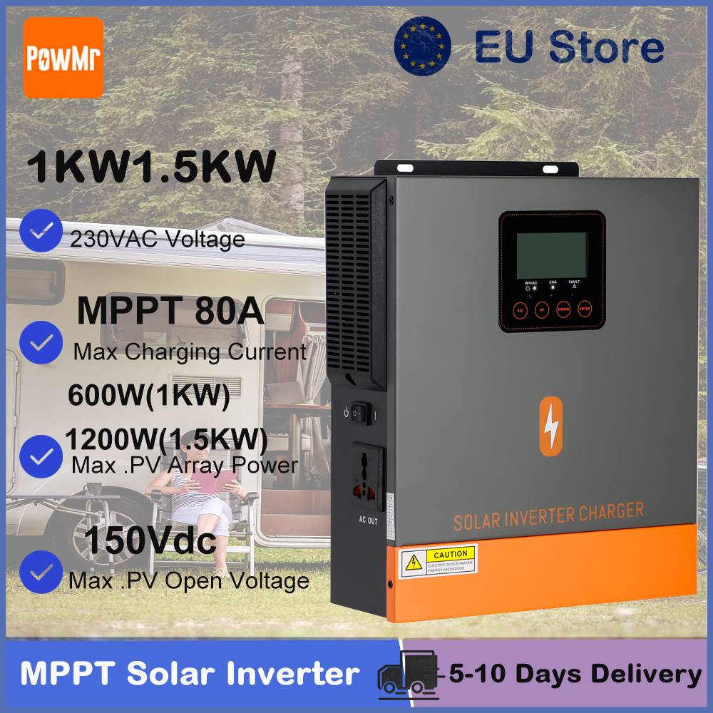 PowMr Solar Hybrid Inverter 1KW 1.5KW DC 12V 24V to 230V AC With 80A Solar Charger Controller Pure Sine Wave Off-Grid Inversor Fit for Home