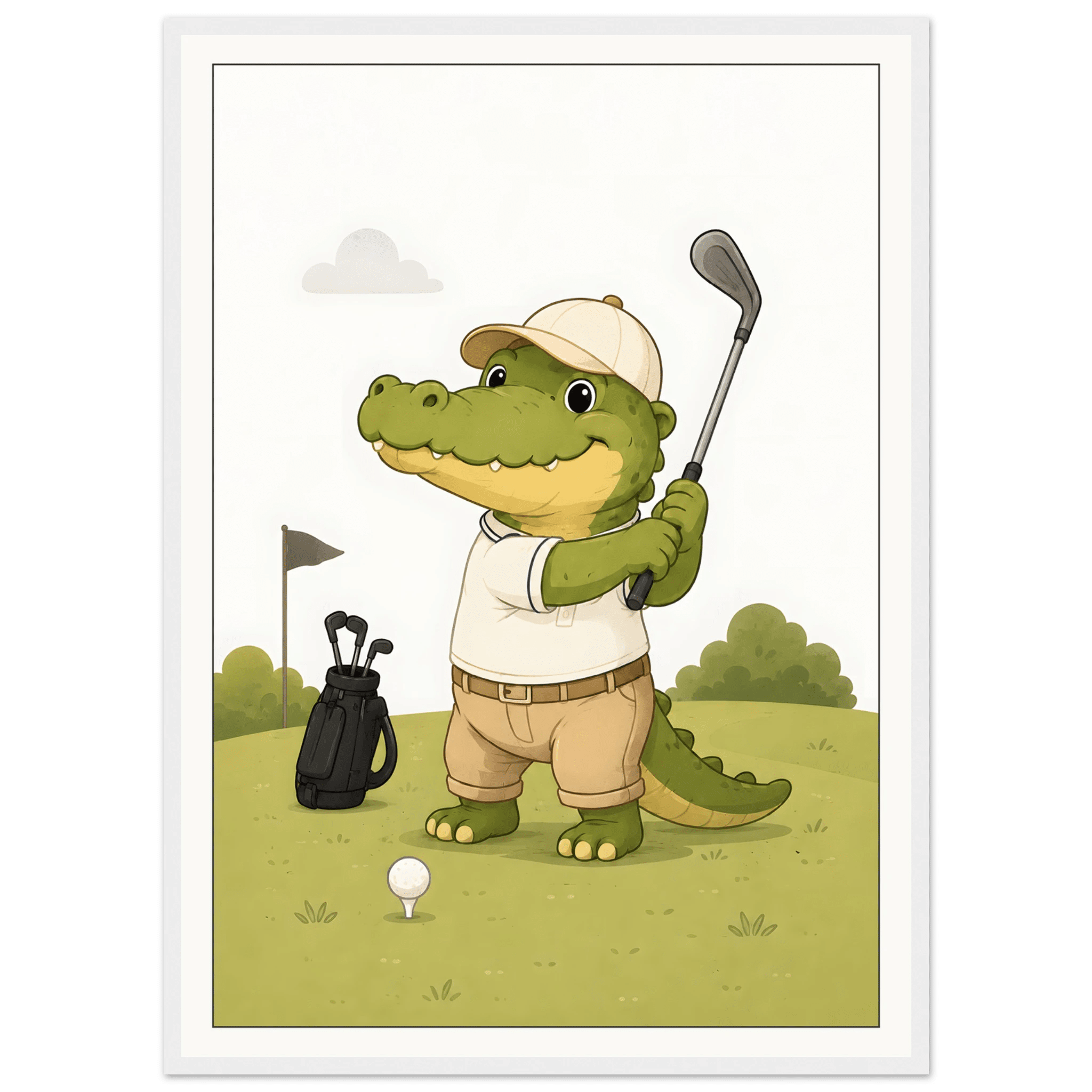 Krokodil spelar golf-50x70 cm / 20x28″ / Med ram / Vit