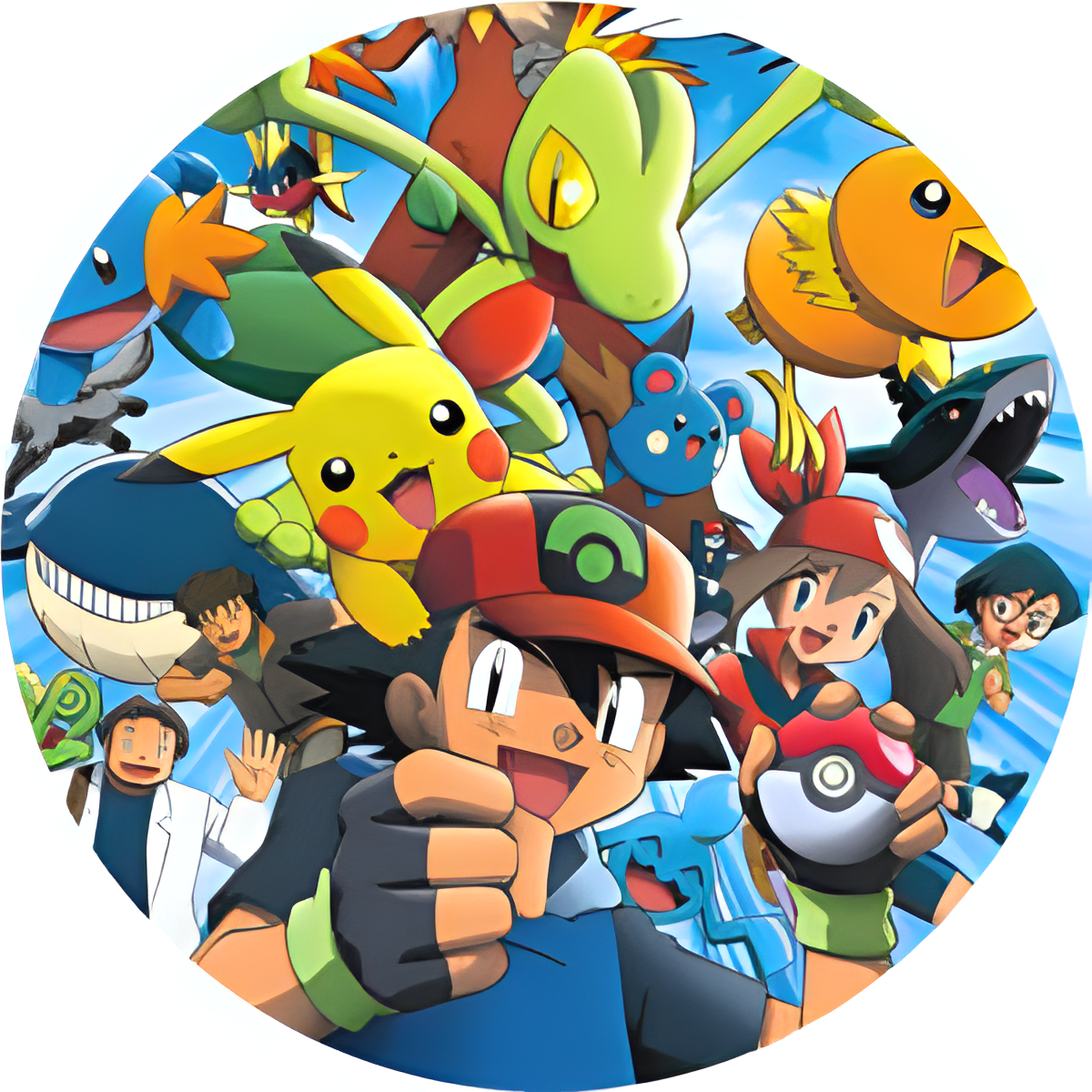 Pokémon rundt kageprint & sukkerprint – farverigt gruppe motiv - 20 cm - 1 stk.