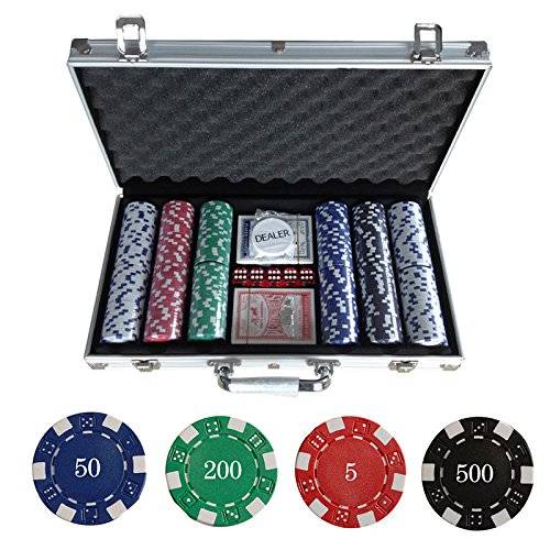 XUANYU 300 marker pokerpaket, 300 marker pokerset, med 2 kortspel och 5 tärningar, pokermarker med aluminiumfodral