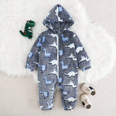 Babypojke/flicka blå dinosaurietryck vändbar fleece mjuk och bekväm all-match huva med dragkedja långärmad jumpsuit, lämplig för hem och utomhus, höst - Multifärgad (6-9M,9-12M,12-18M,18-24M,2-3Y,0-1M,1-3M,3-6M)
