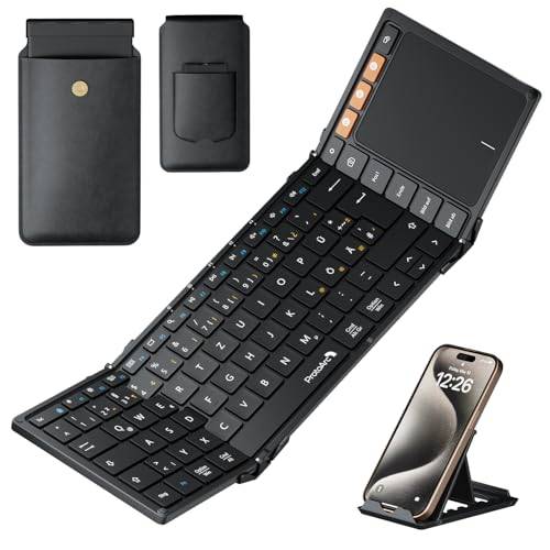 ProtoArc XK01 TP Bluetooth-tangentbord, vikbart med pekplatta, trådlöst vikbart QWERTZ, tyskt med stor styrplatta för iPad, iOS, Android, Windows, bärbar dator, PC surfplatta – svart