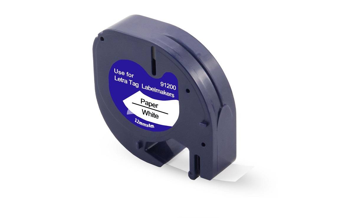 Dymo LetraTAG Tape 91200 sort tekst på hvid papirtape 12mm x 4m kompatibel.