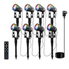 8 trädgårdslampa LED trädgårdsspotlight RGBW med Timer fjärrkontroll, COB LED trädgårdsbelysning RGB Varmvit 3000K med markspets trädgårdslampa för trädgårdsgrästräd utomhus, 12V 24W IP65 vattentät