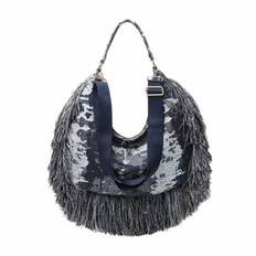 Dam Jeans Jacquard Fringe Accent Axelväska, Casual Work Tote - Blå