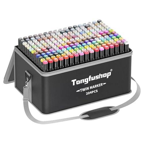 Tongfushop Markörset med 204 färger, graffitipenna, skissmarkör, unik design med dubbla spetsar, med svart bärväska i tyg, förvaringsbas + 2 presentpennor