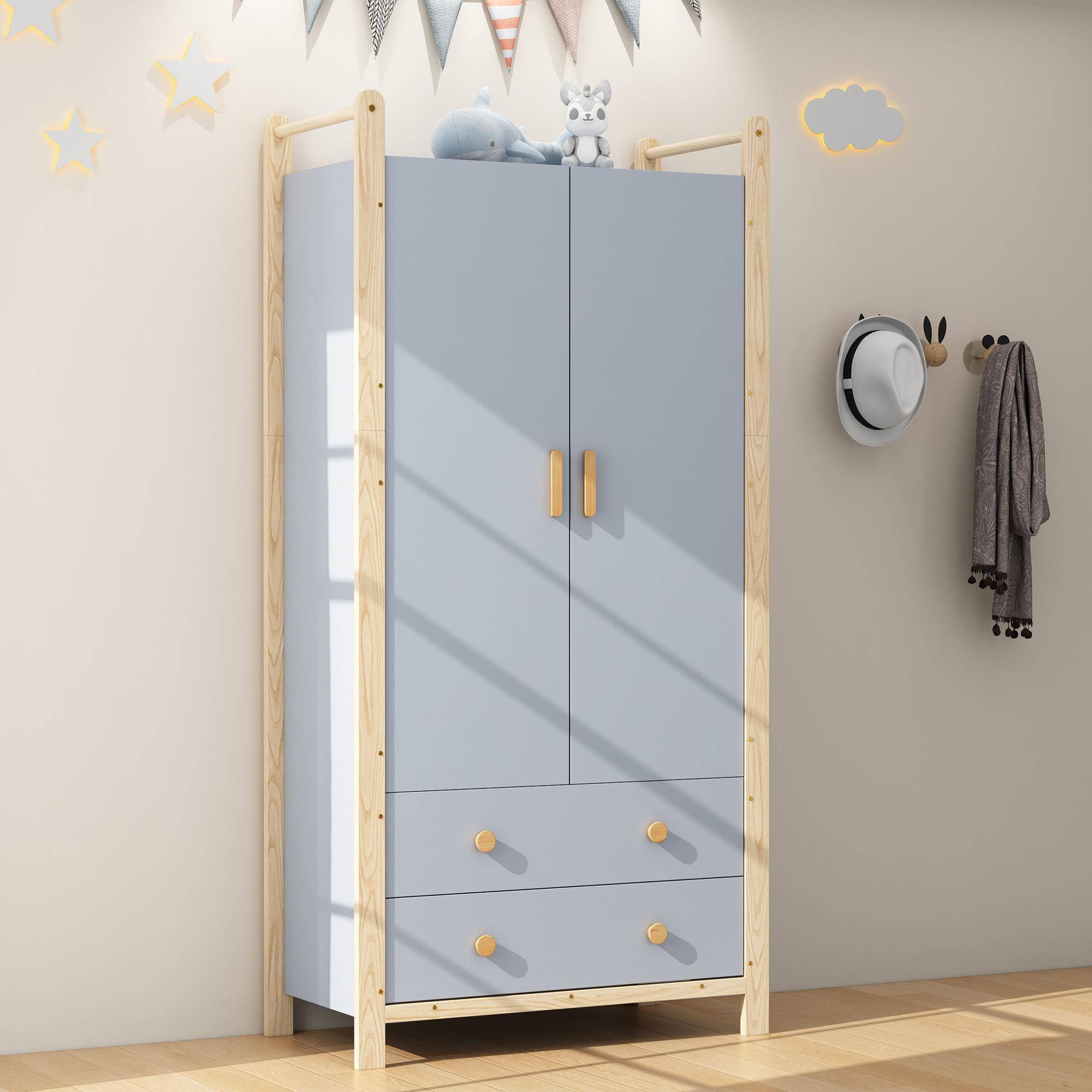 2-Door Wardrobe, 2 Drawers, Suitable for Bedroom, Living Room, Hallway Wardrobe, Made of Chipboard, Blue Body + Pine Frame, 90×45×180cm