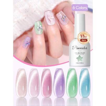 PEACECOLOR 6-pack kattögongel nagellacksset, sommarrosa blå lila färgglatt skimrande kattögon magnetiskt gel nagellacksset, lämplig för kvinnor nagels - Multifärgad