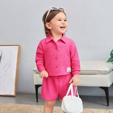 Baby Girl Fashionabla fritidskläder utomhus, enfärgad texturerad långärmad skjorta med resårbyxor i midjan, hängselväst, set i flera delar - Skrikrosa (6-9M,9-12M,12-18M,18-24M,2-3Y)