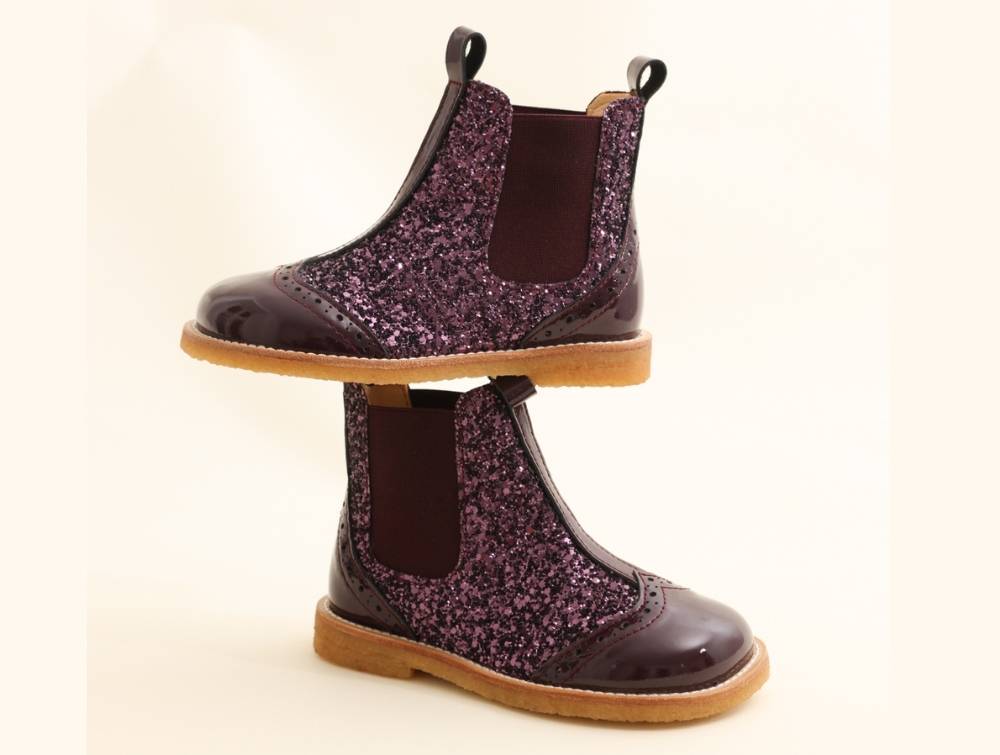 Angulus Chelsea Støvle Aubergine Med Glitter Og Brogue Detaljer - Str. 28