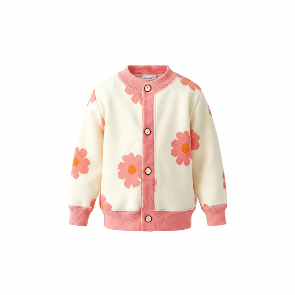 CozyCardi – Mjuk & varm – Stickad kofta med söta mönster Blomma / 140 (7–8 år) | Pedagogiska Träleksaker