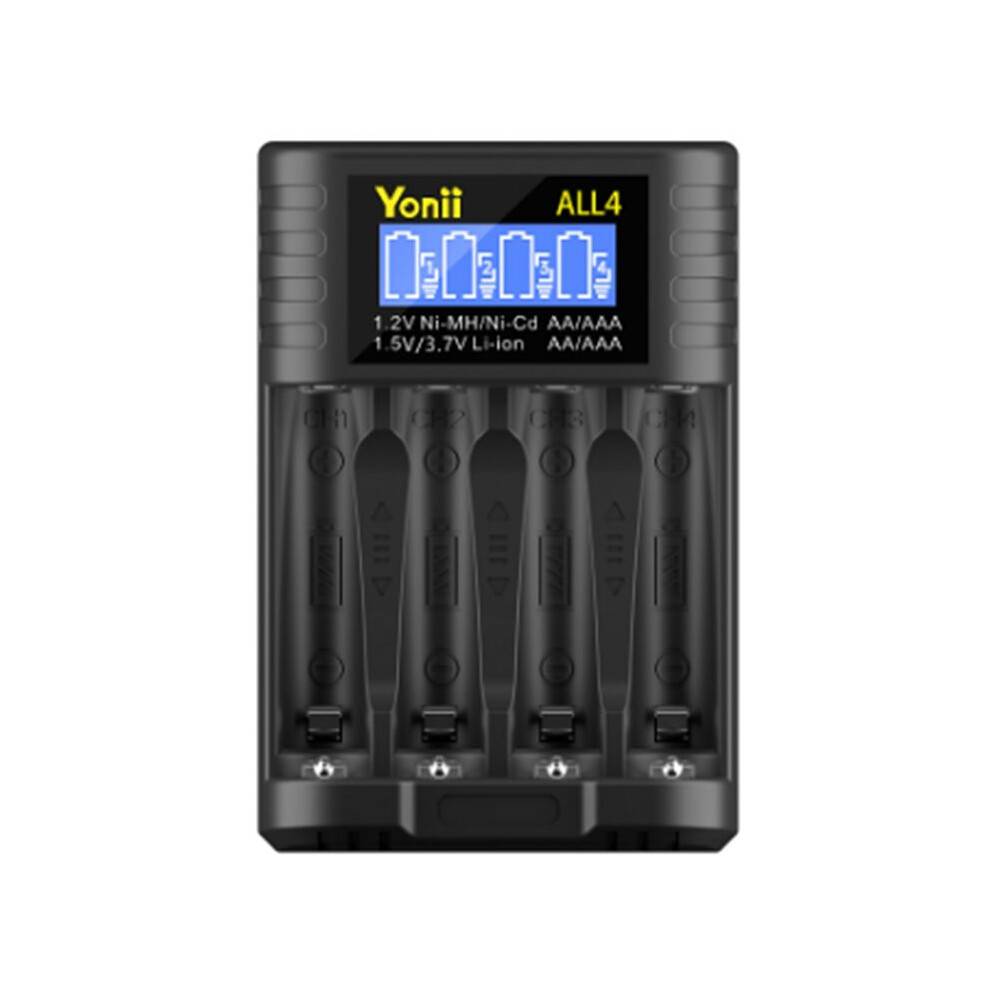 Yonii ALL4 Charger, 4-Slot High-Speed LCD AA/AAA Charger, Suitable for 1.2V Ni-MH 1.5V/3.7V Li-Ion Rechargeable Batteries