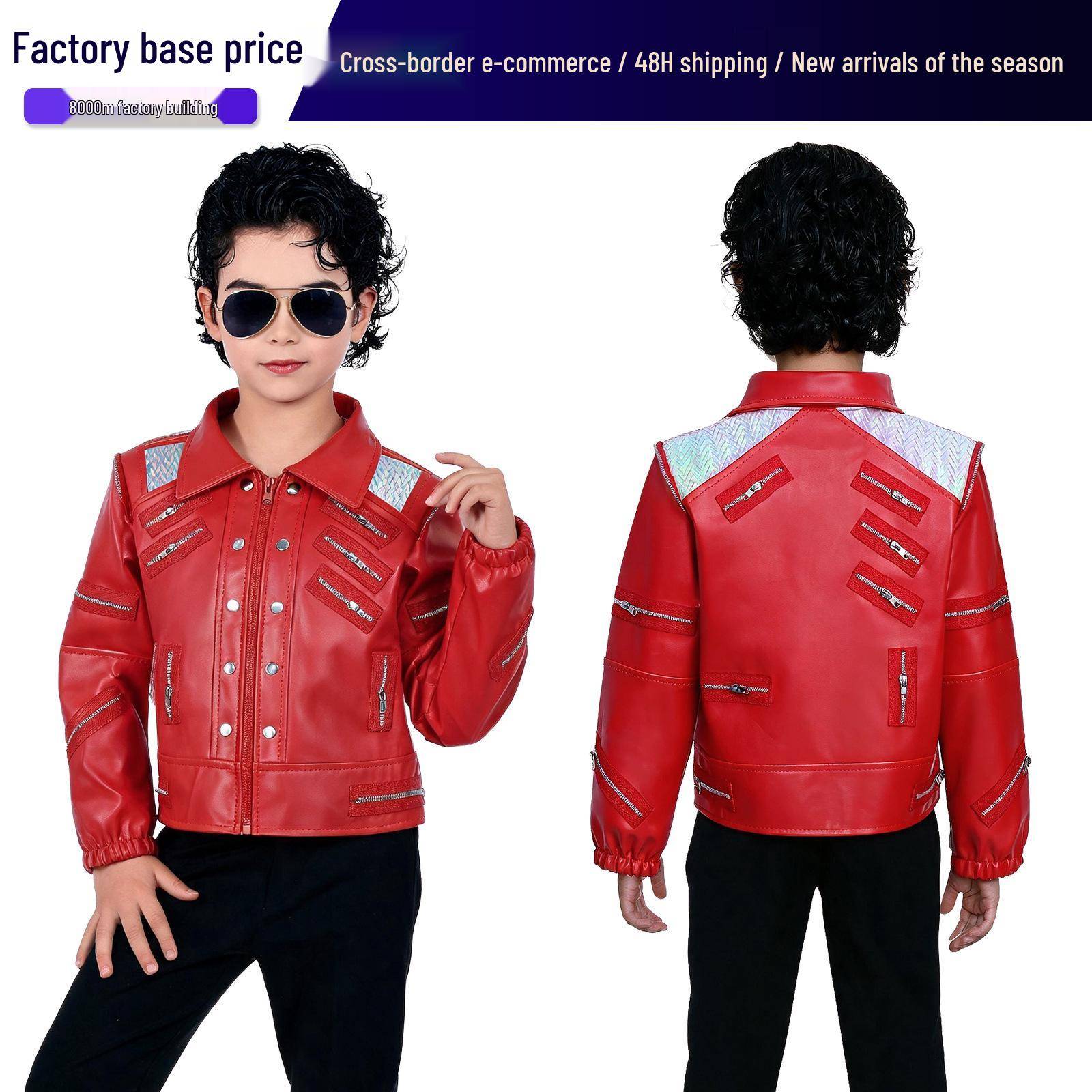 Barnröd Läder Jackson Cosplay Jacka Rock - Halloween Super MJ Danskostym cm
