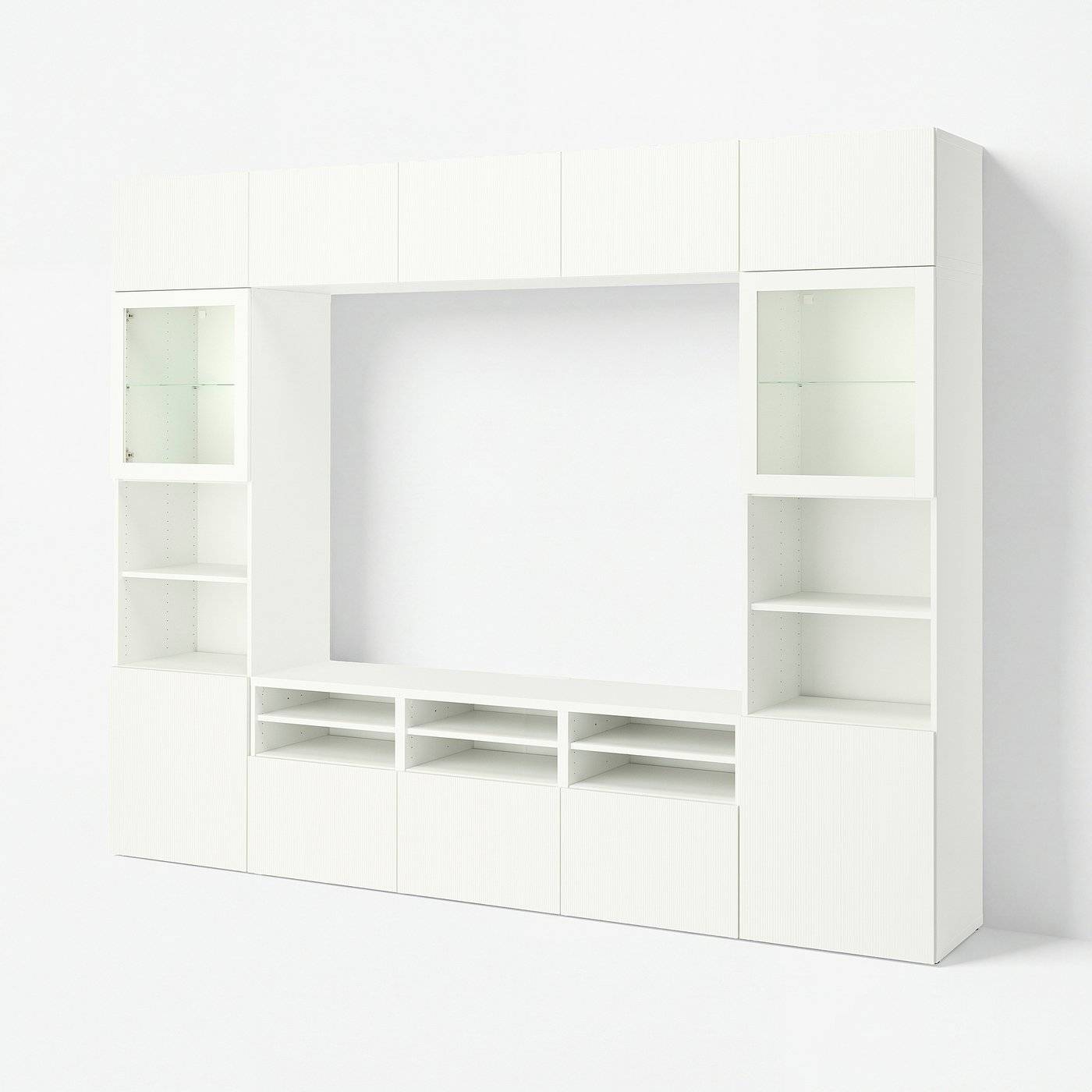 BESTÅ tv-förvaring kombination/glasdörrar, vit/Förvaltare vit, 300x42x231 cm
