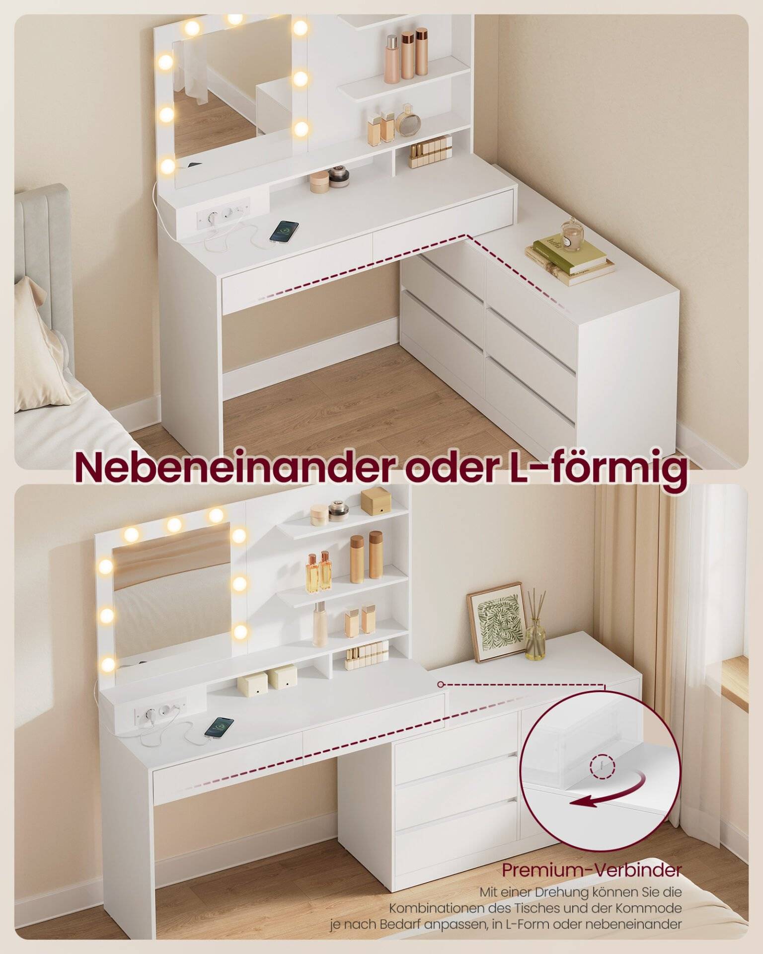 VASAGLE Kailyn RDT140WB01 Dressing Table with Mirror and LED Lighting, Dressing Table 9 Bulbs, 8 Drawers, 3 Shelves, 3 Light Colours, Straight or L-sh