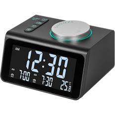Dobbelt vækkeur, digitalt vækkeur med FM-radio, dobbelt USB-porte, 7 alarmlyde, 5 justerbare