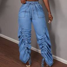 Kvinnors hög midja Breda ben Plisserade blå jeans Hög midja jeans lösa jeans Semesterkläder Kvinnors lösa byxor Carnival Western outfit Kvinnors Carni - Mediumtvätt - 25,26,27,28,29,30