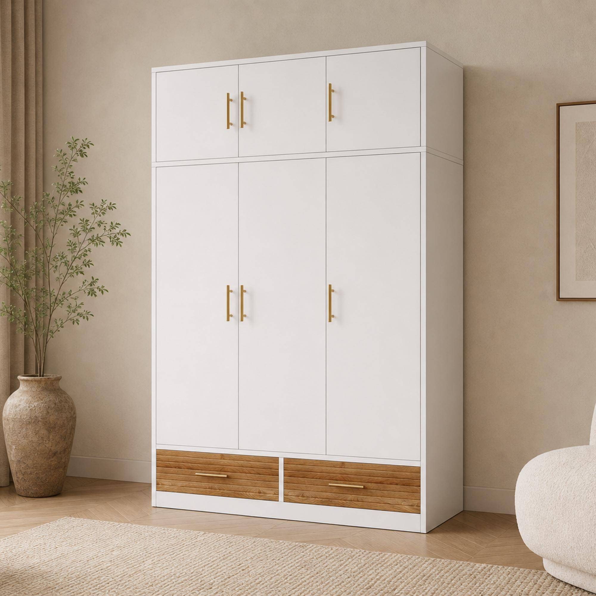 Three-Door Wardrobe with Top Compartment, Three-Door Wardrobe with Clothes Rail and Drawers, Bedroom Furniture, White, 120x50x180 cm vit