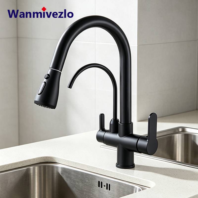 Kitchen Faucet Pull Down Sprayer Dual Handle Stainless Steel Kitchen Tap with Drinking Water Outlet for Water Filter