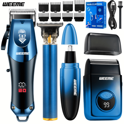 WEEME 4-i-1 elektriskt groomingkit för män, inkluderar näshårstrimmer, elektrisk rakapparat och gravyrtrimmer, trådlöst USB-laddningsbart groomingkit - Blå (1 st hårklippare,1 st T-trimmer,4-delat hårklippningsset,1 st elektrisk rakapparat)