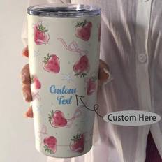 1 st. 20oz anpassad dubbelväggig isolerad tumbler i rostfritt stål med jordgubbsmönster, kan lägga till namn och lyckönskningar, lämplig för bilmugg, - flerfärgad (blå,rosa,Purpur,Beige)