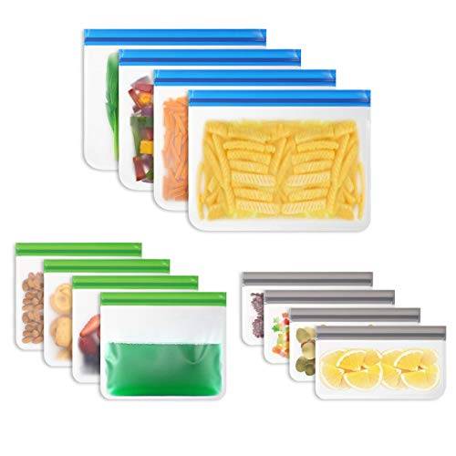 Vicloon Återanvändbar matförvaringsväska, 12-pack återanvändbara fryspåsar, läckagesäker förvaringsväska, Ziplock smörgåspåse, stora återanvändbara matpåsar, BPA-fri fryspåse för smörgås, mellanmål, vätska, frukt, lunch
