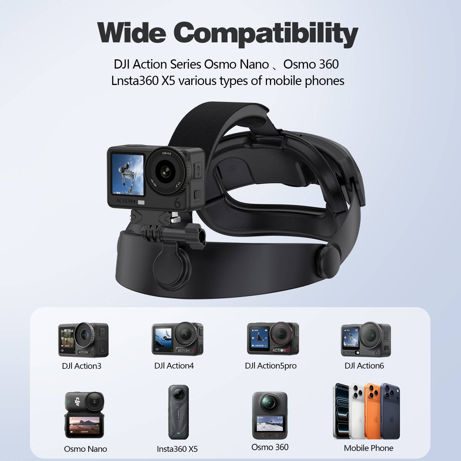 Adjustable Head Strap Mount for DJI Action 6/5Pro/4/3, Osmo Nano/360, Insta360 X5, Phone - POV Camera Holder for Outdoor Sports