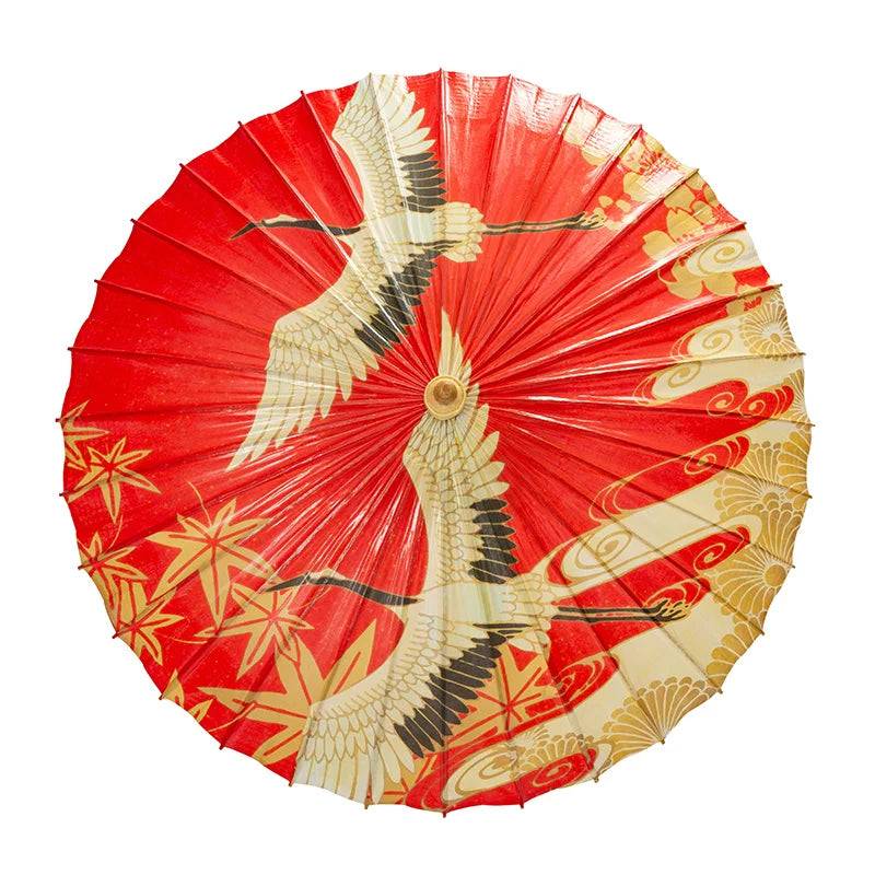 Chinese Traditional Oil Paper Umbrella | Handcrafted Wedding Parasol – Pure Red, Crane & Double Happiness Designs - Jiawu Tiancheng [Odorless Rainproof] Umbrella Bag + Tassel / 84cm / fully dressed