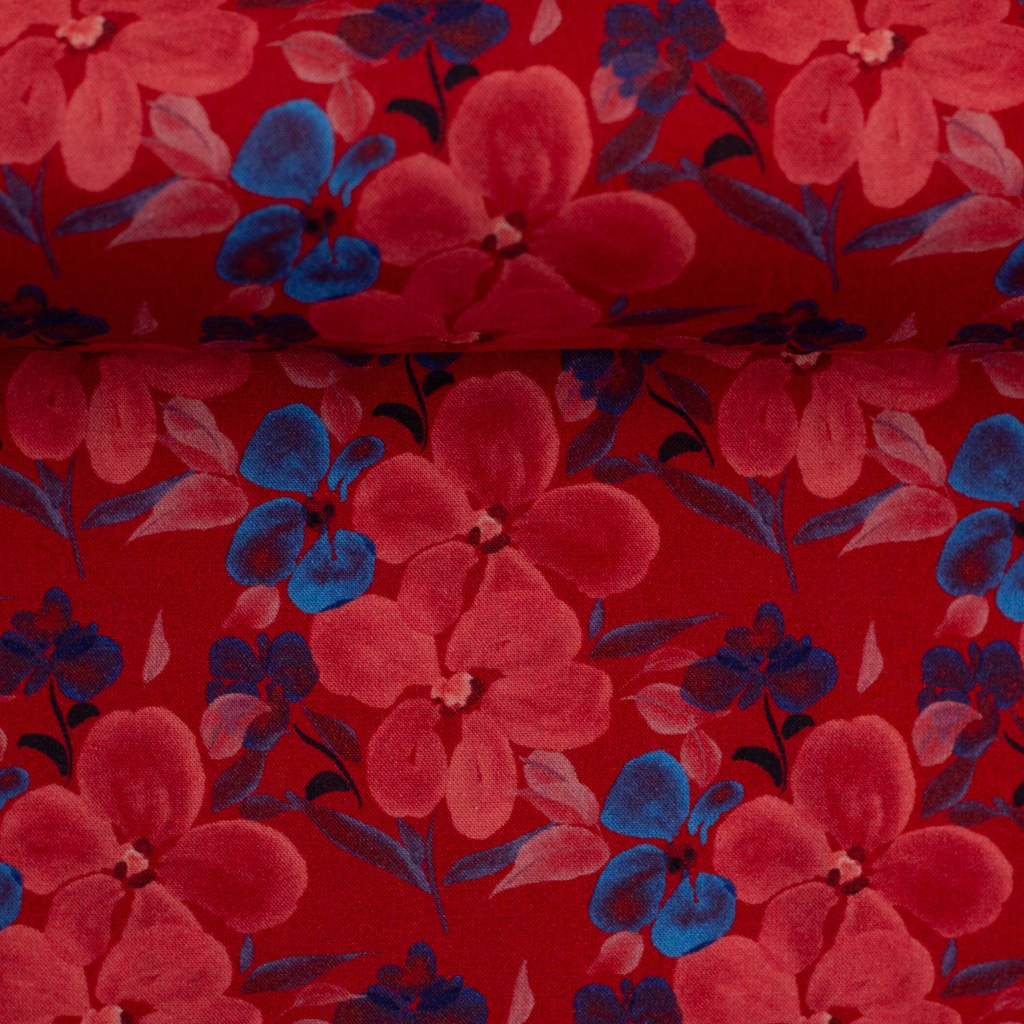 Viskose m/Rødt & blåt Blomsterprint, Anta.
